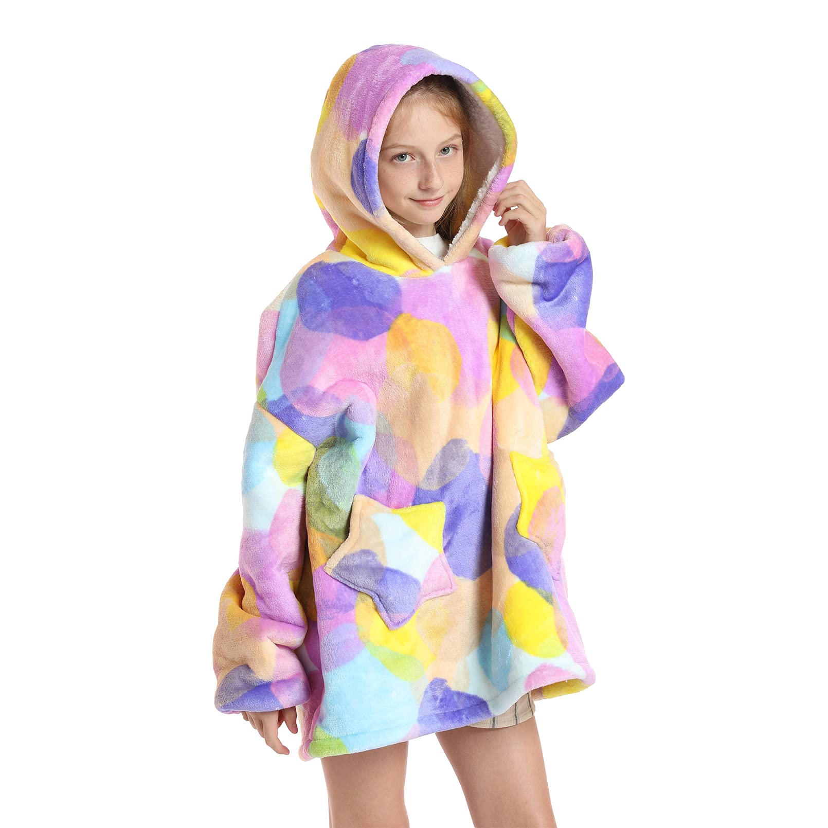Deserthome Wearable Blanket Hoodie For Kids 4-12Yr Oversized Hooded Blanket Super Soft Comfortable Warm Flannel Colorful Bubble